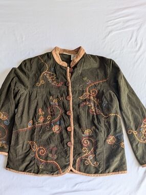 White Stag VTG Olive Green Embroidered Corderoy Jacket w/ Tan Mandarin Neck XL